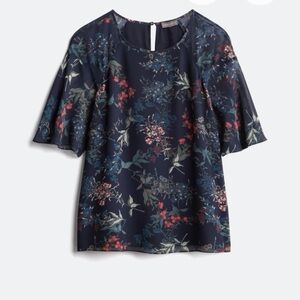 Vince Camuto Navy Floral Blouse with Flutter Sleeves